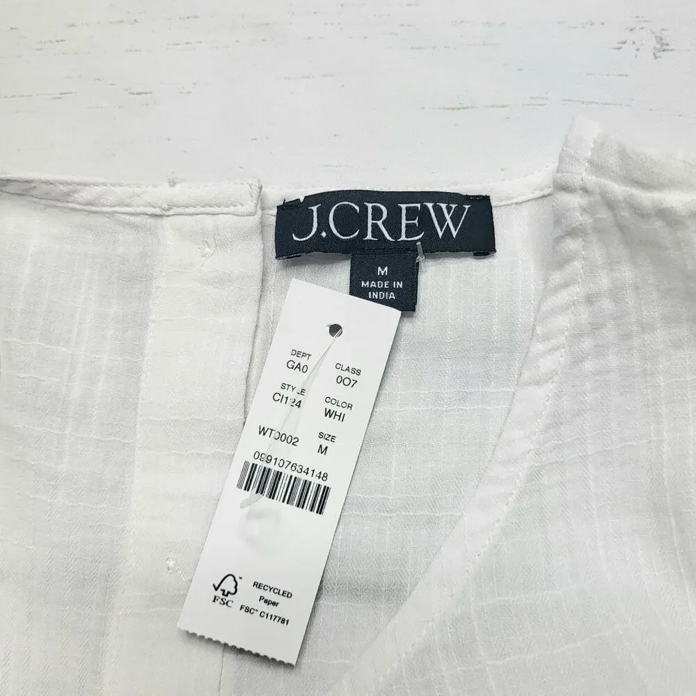 J Crew Short Puff Sleeve Back Button White Cotton Top Cotton Minimalist Medium